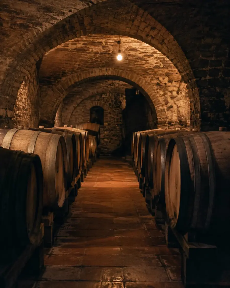 An old stone wine cellar lined with oak barrels.
