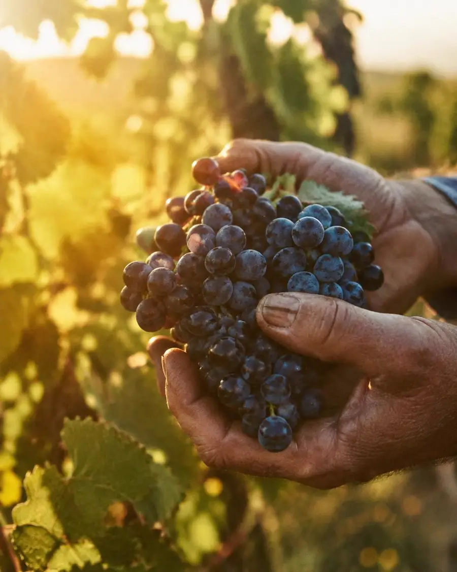 Hands holding freshly picked dark grapes in a sunlit vineyard.